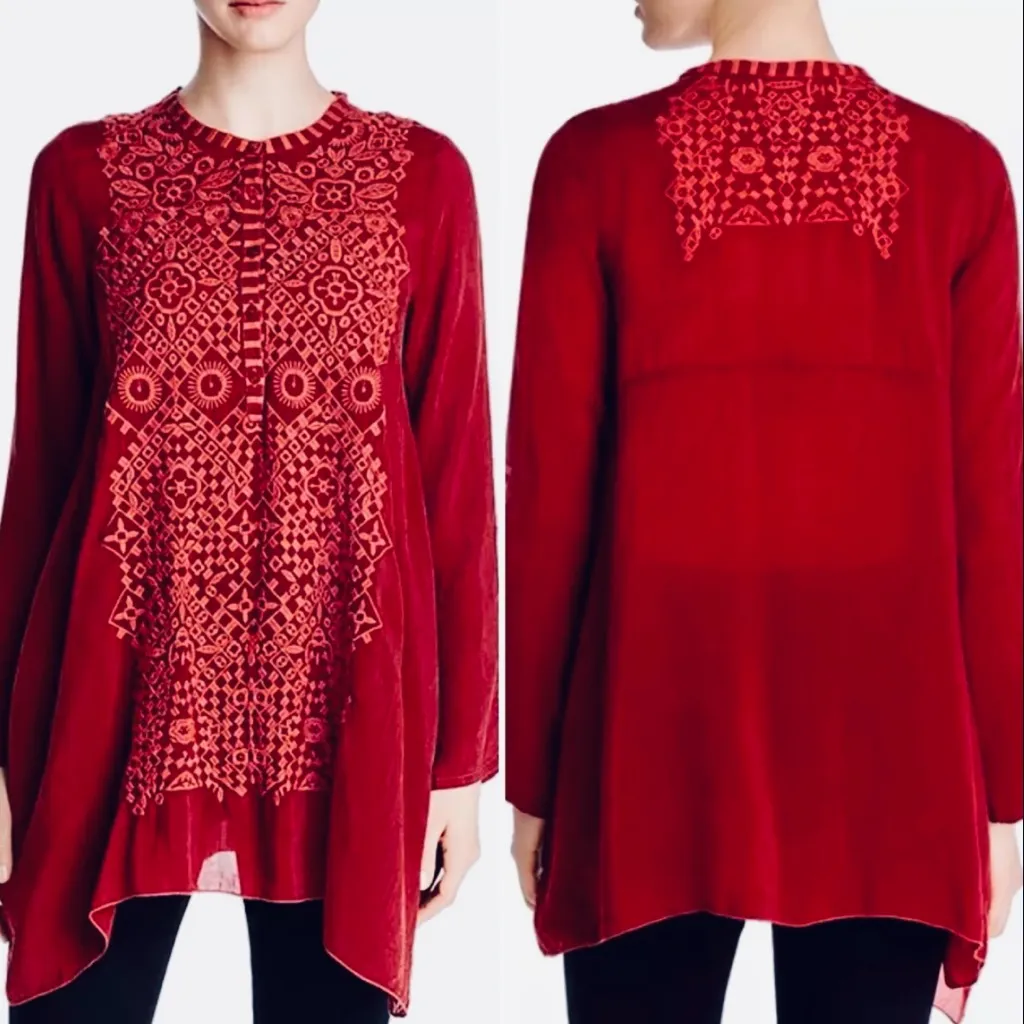 Johnny Was Rona Embroidered Cupro Tunic Top Burgundy Boho Size Medium🧡 - Image 2