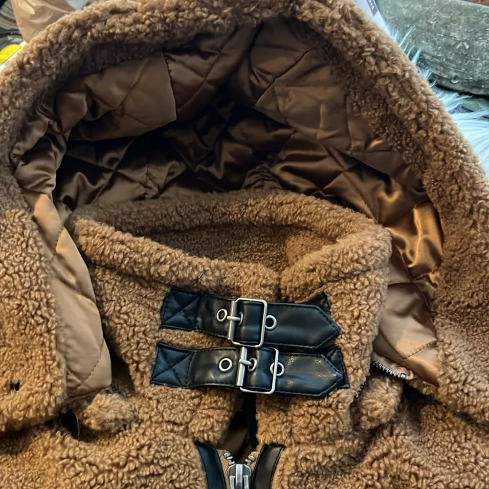 Blank NYC Sherpa Moto Jacket W/ Removable Hood & Belt Brown Size Small NWT - Image 5