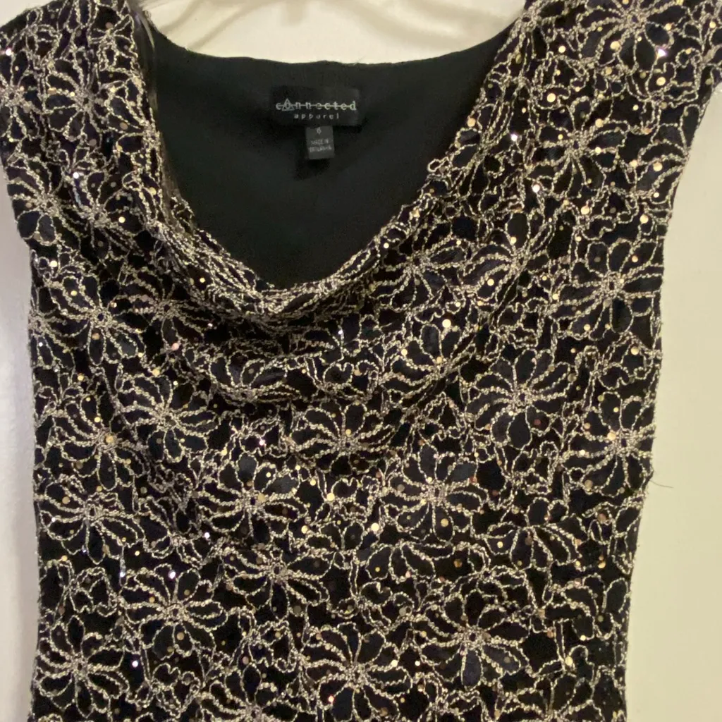 Connected Apparel Womens Midi Dress Size 6 Black Gold Embroidered Floral Sequins - Image 3