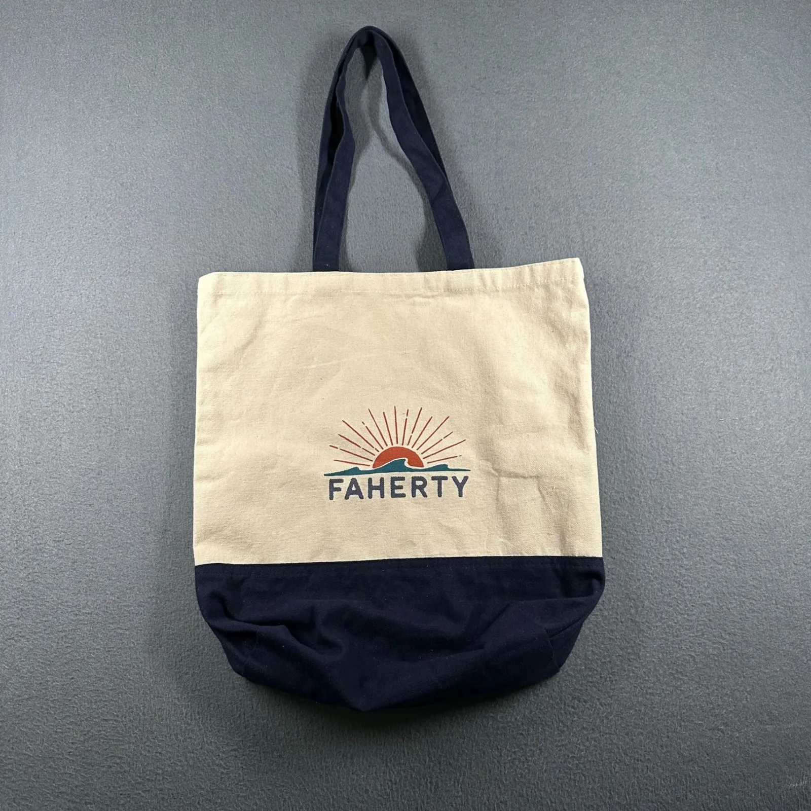 Faherty Canvas Tote Bag Beach Sun Wave Logo Navy Bottom Reusable Grocery Tan - Image 2