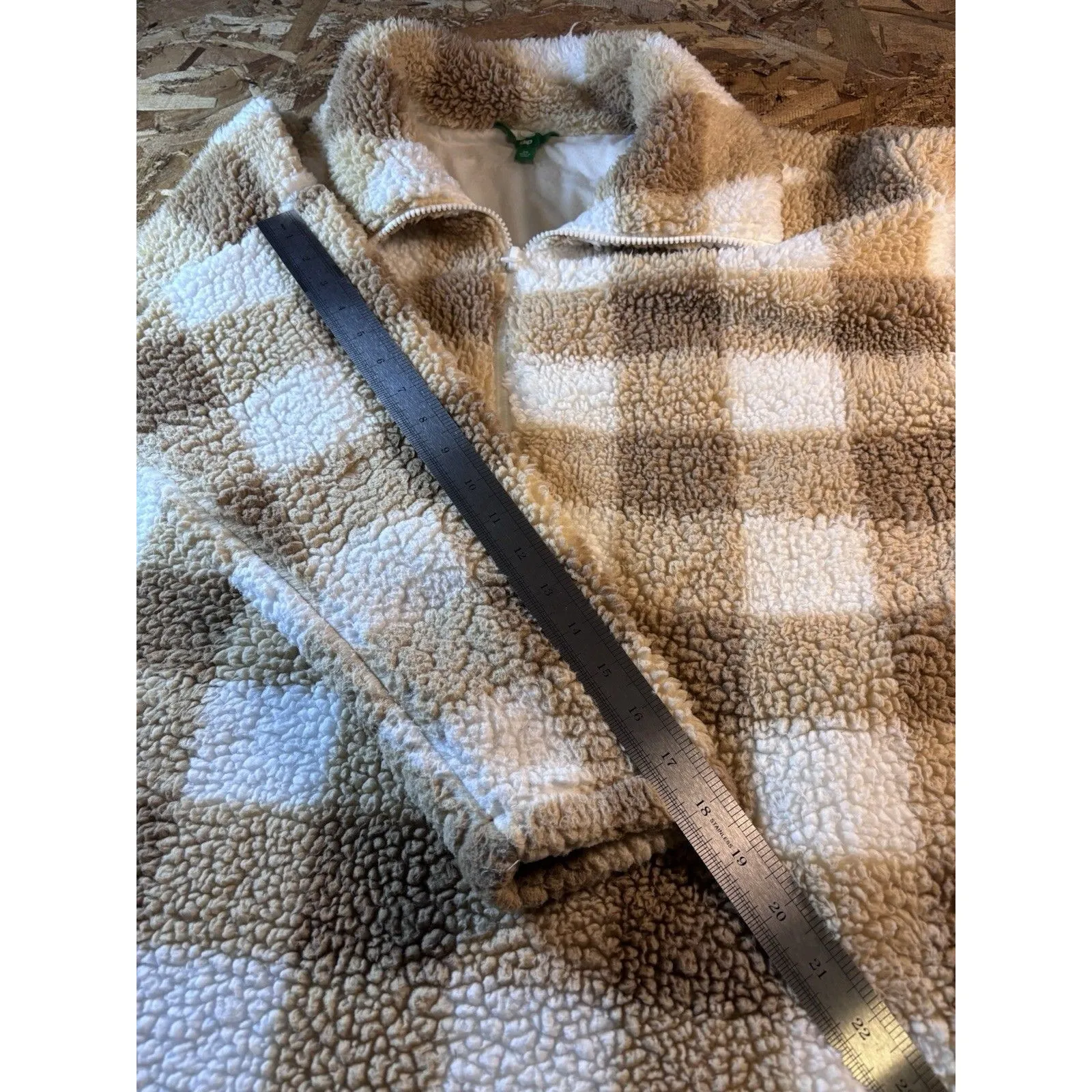 Dip Sherpa Fleece Plaid Pullover Tan & White Checkered Teddy Size 2XL 1/2 Zip Brown - Image 8