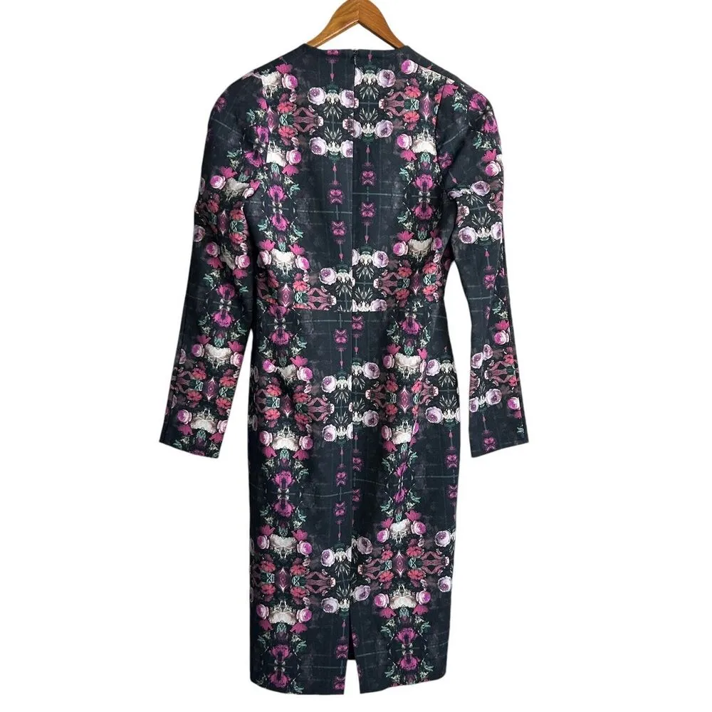 Black Halo Women Size 6 Floral Long Sleeve Bodycon Formal Knee Length Dress - Image 3