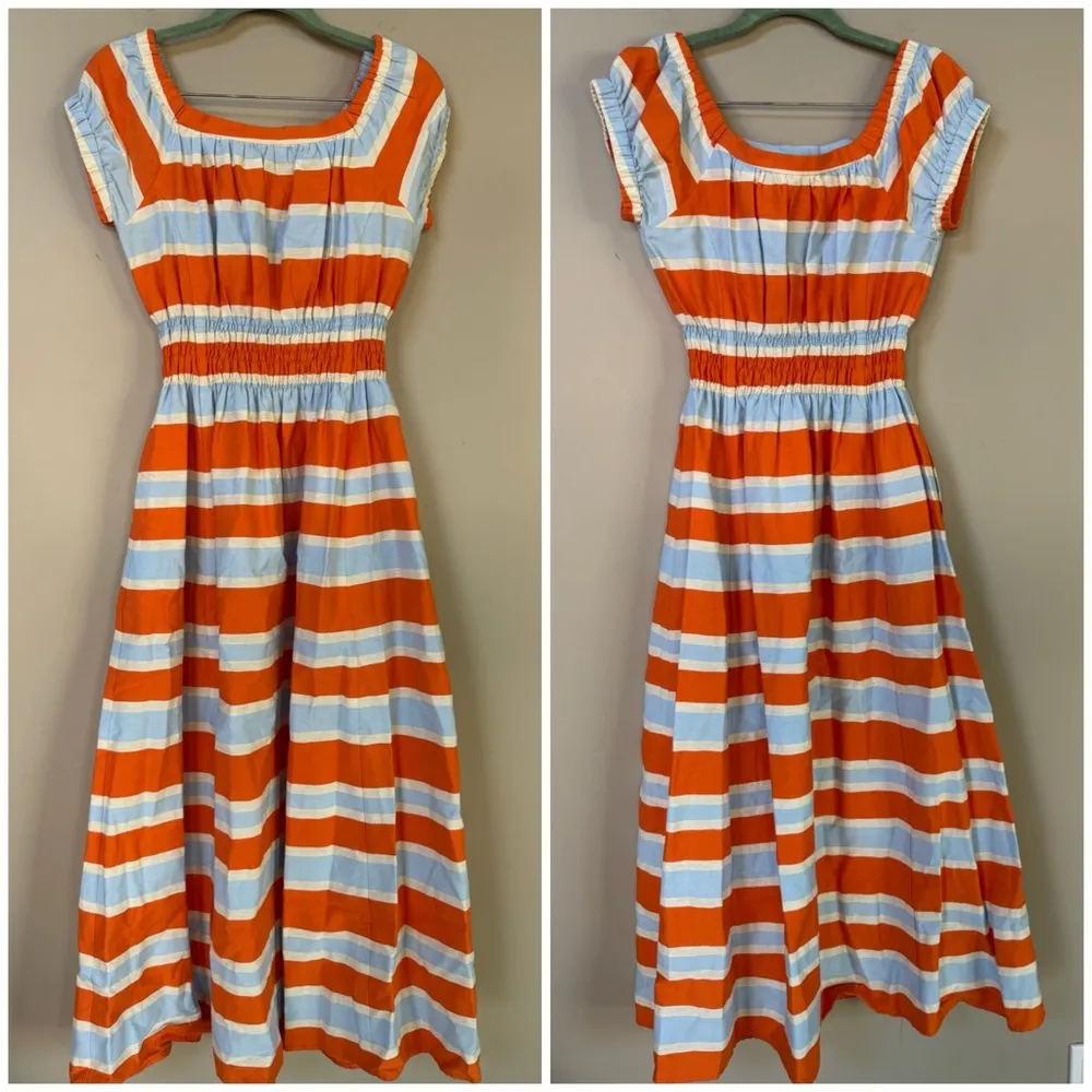 Ann Mashburn stripe Cotton Blend short cap sleeve smock midi Garden Dress Small - Image 7