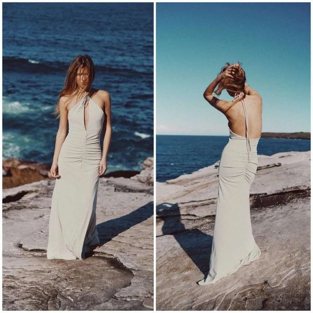 NEW Zara LONG Ruched Keyhole DRAPED HALTER Maxi DRESS Gown Size XS - Image 4