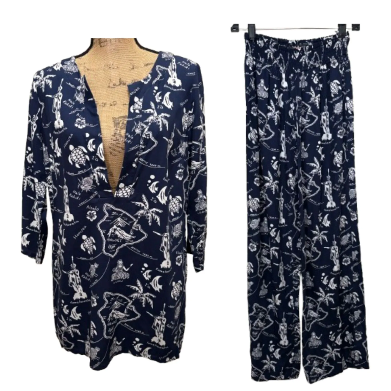 Tommy Bahama Relax Coord Set 2 Piece Navy Blue Hawaiian Print Womens Size Small‎ - Image 2
