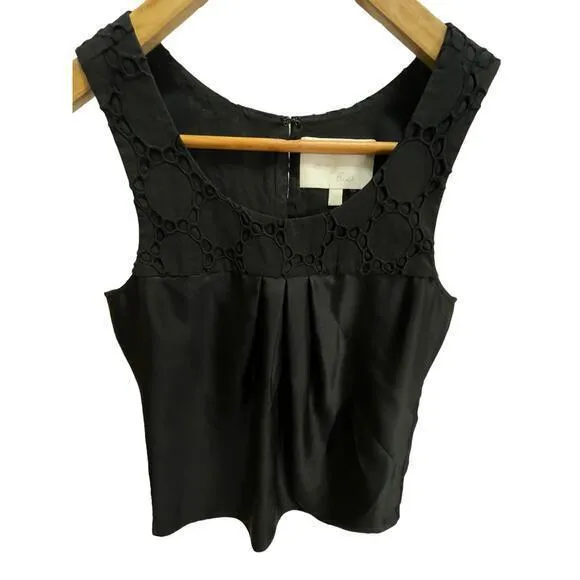 7 For All Mankind Black Causal Blouse Sleeveless Top 100% Silk w/ Eyelet Pattern‎ - Image 3