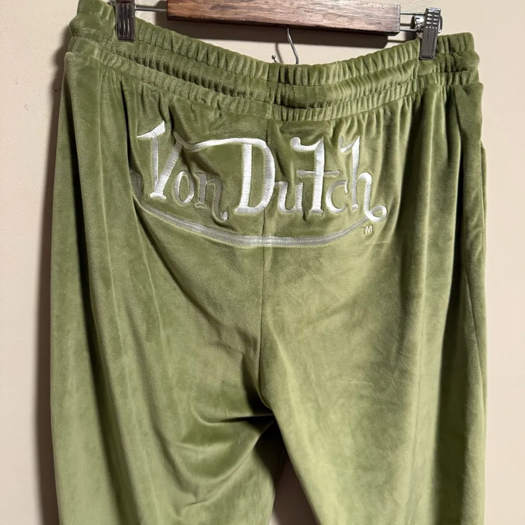 Von Dutch Velour Matching Set Wide Leg Track Pant Tube Top Olive Green- Size 1X - Image 4