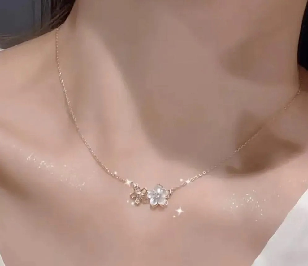 Women's Stainless Steel Rose Gold Cherry Blossom Pendant Necklace Silver - Image 3