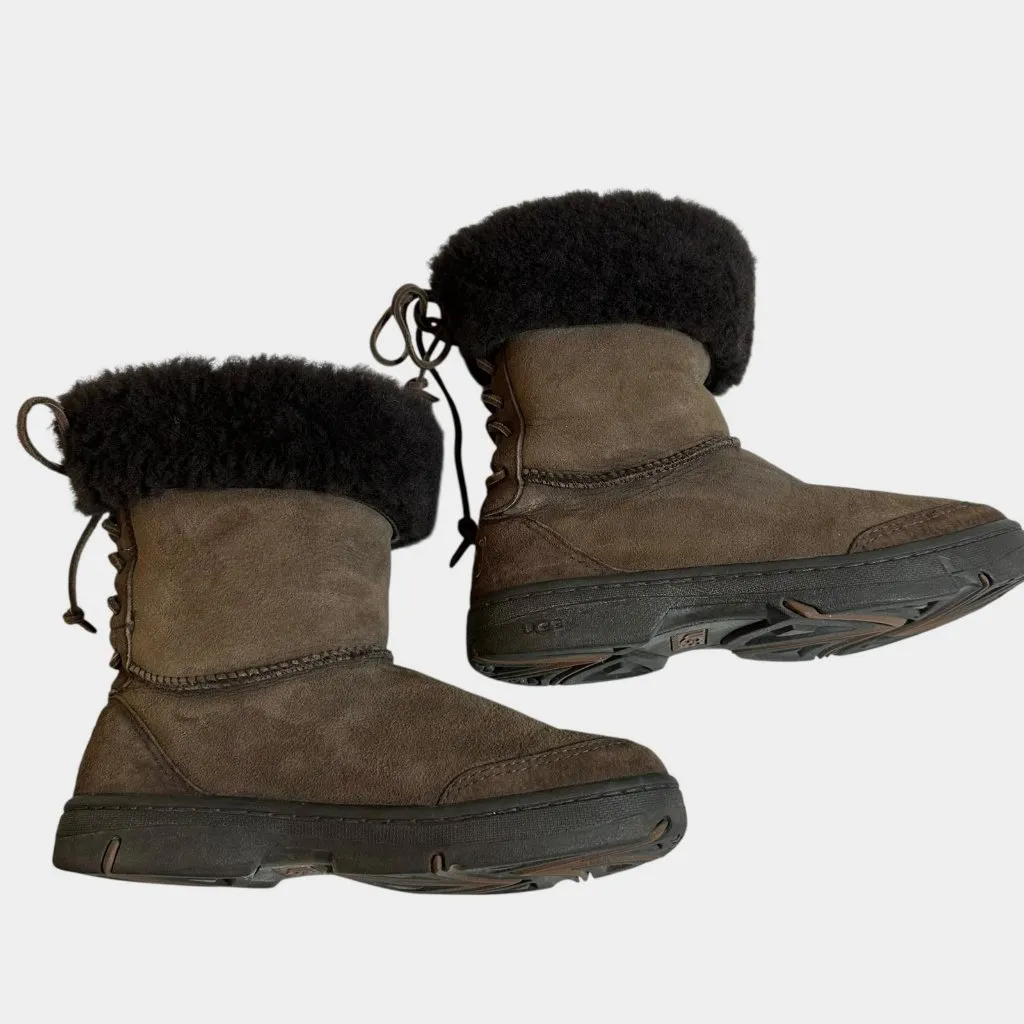 UGG Brown Sheepskin Fleece Topped Suede Boots Lace-Up Back Size 7 - Image 7