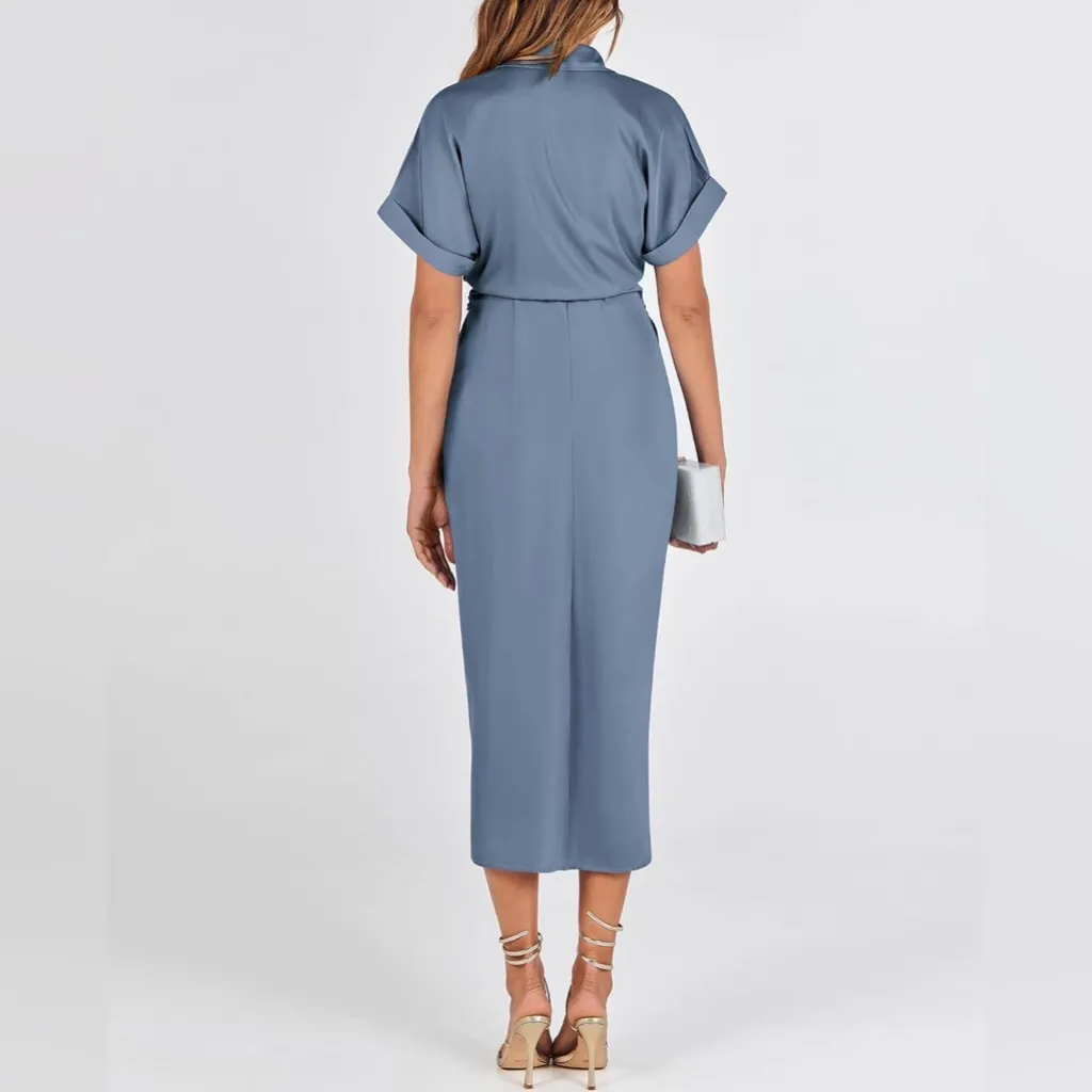 NEW Gray Blue Ruched Button Up Shirt Long Dress Satin Belted XL - Image 5
