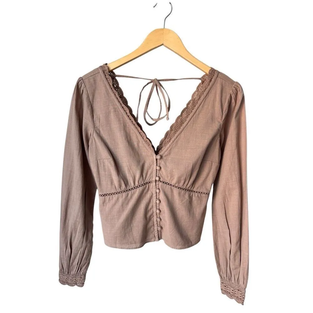 Abercrombie & Fitch Light Brown Lace Trim Blouse Size XS - Image 2