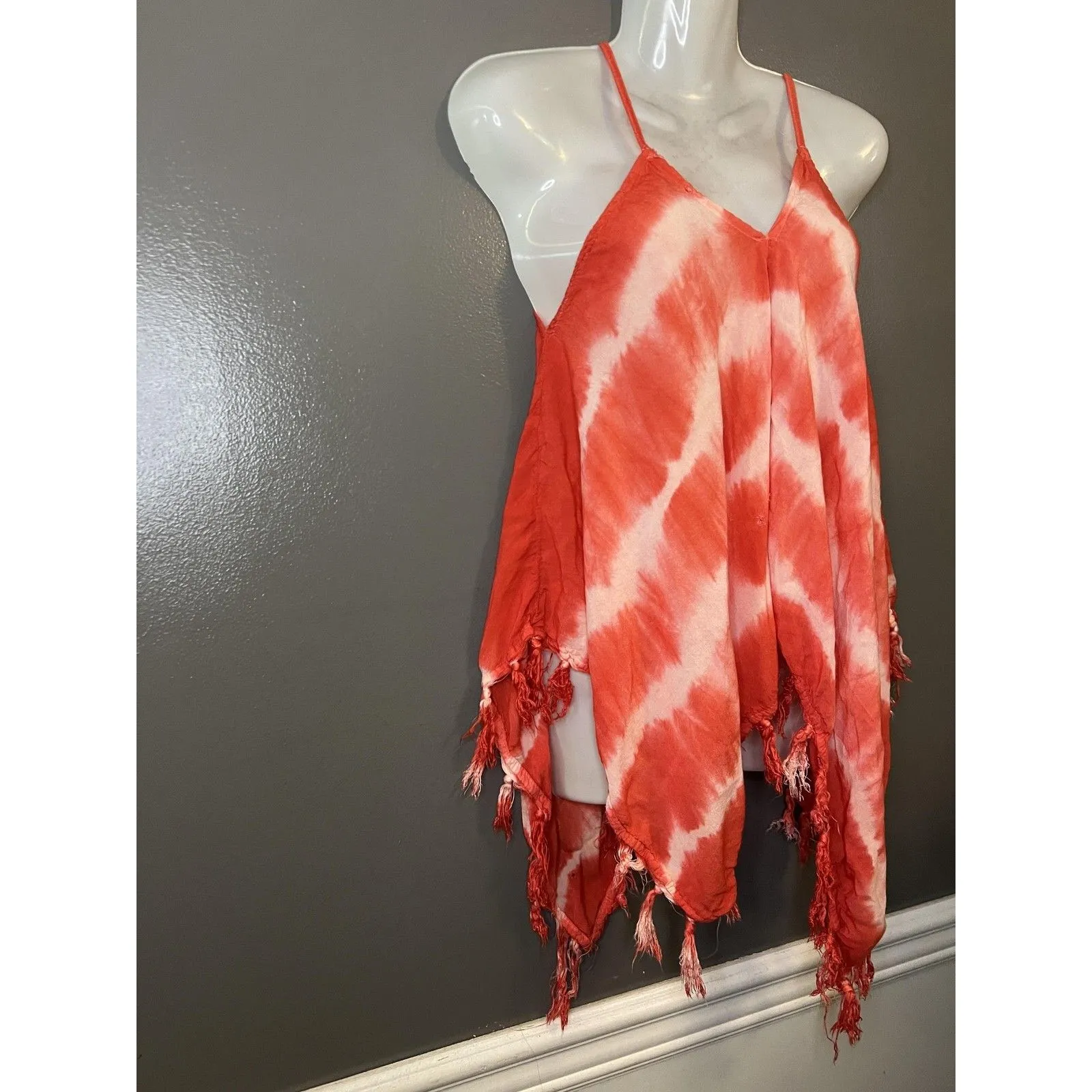 Mimi Shirt Womens Large Red White Tie Dye Cami Tassel Fringe Handkerchief Boho Orange - Image 2