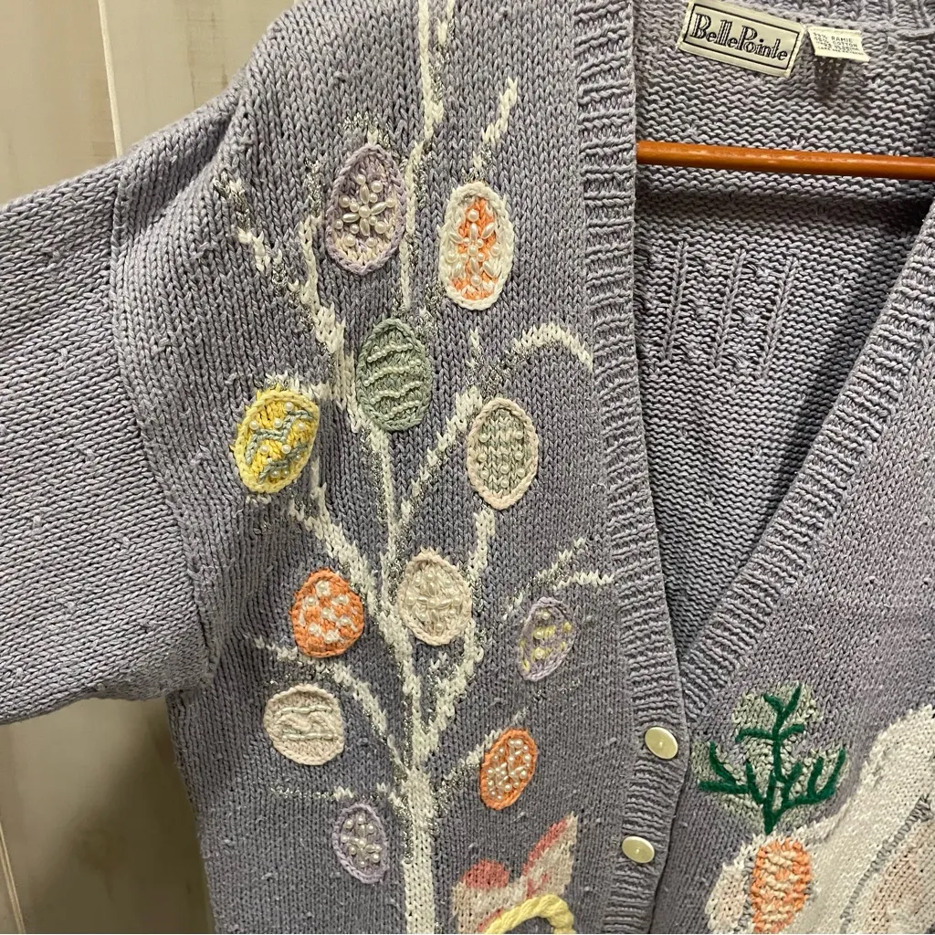 Vintage 80’s Belle Pointe lavender bunny easter spring cardigan chunky oversize Purple Size L - Image 7