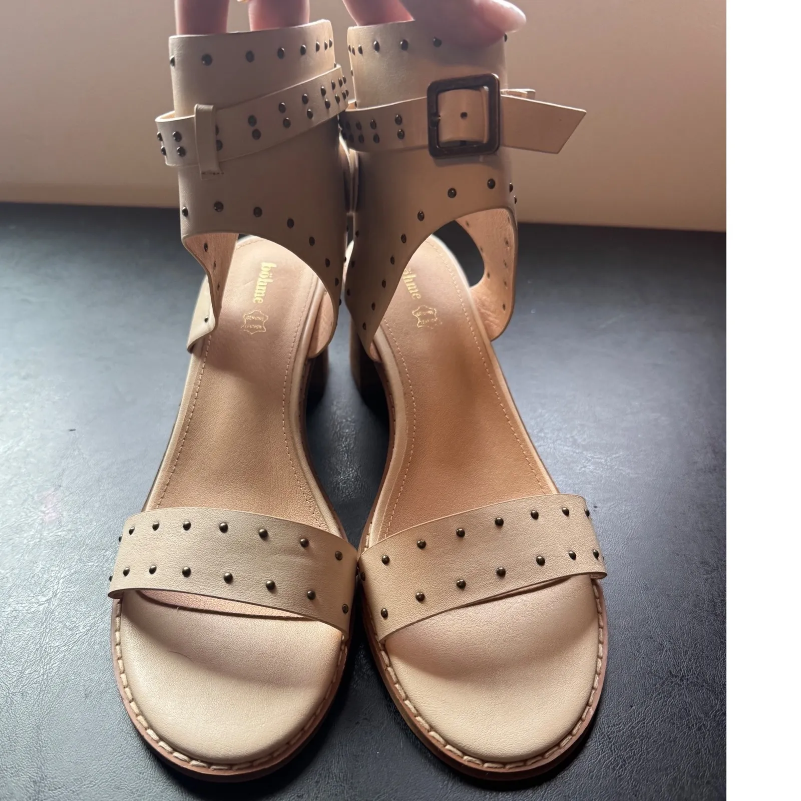BOHME sz 10 Women Cream/Tan Leather Studded Strappy Heel Sandals Bootie Open Toe - Image 5