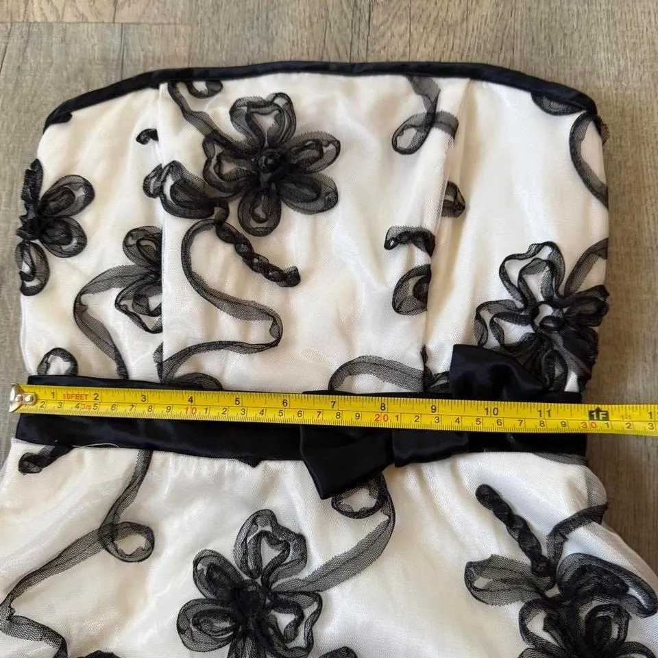 B Darlin Strapless Dress Ivory Black Floral Ribbon Bow Tulle Skirt Size 1/2 - Image 6