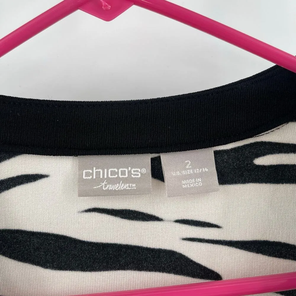 CHICO'S Travelers Top Size 2 (US 12/14) Classic Zebra Print Split-Neck Vacation - Image 4