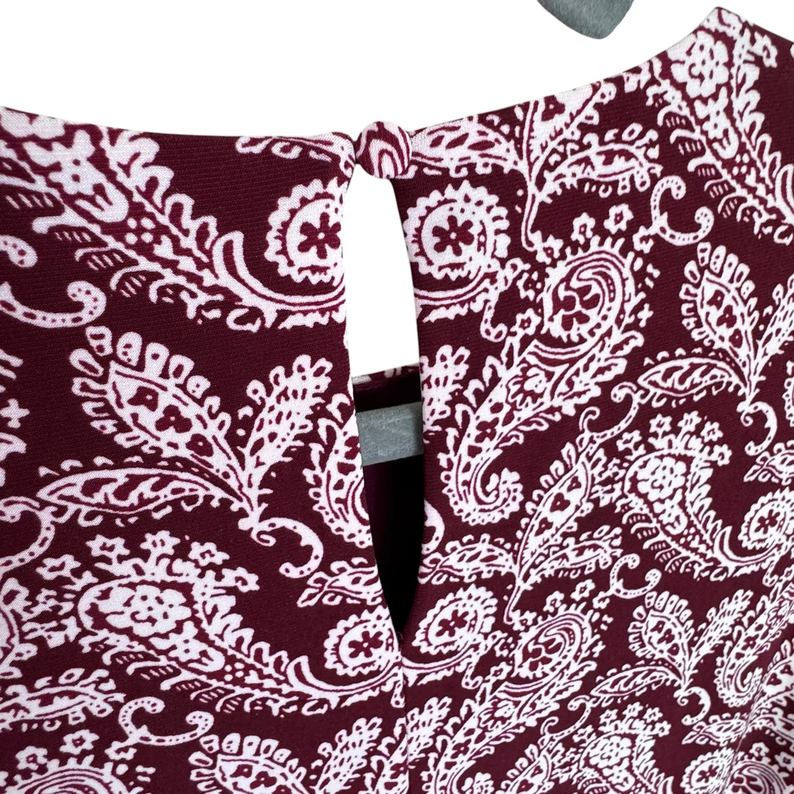 Lauren Ralph Lauren Burgundy White Paisley 3/4 Sleeve Belted Midi‎ Dress Size 8 - Image 3