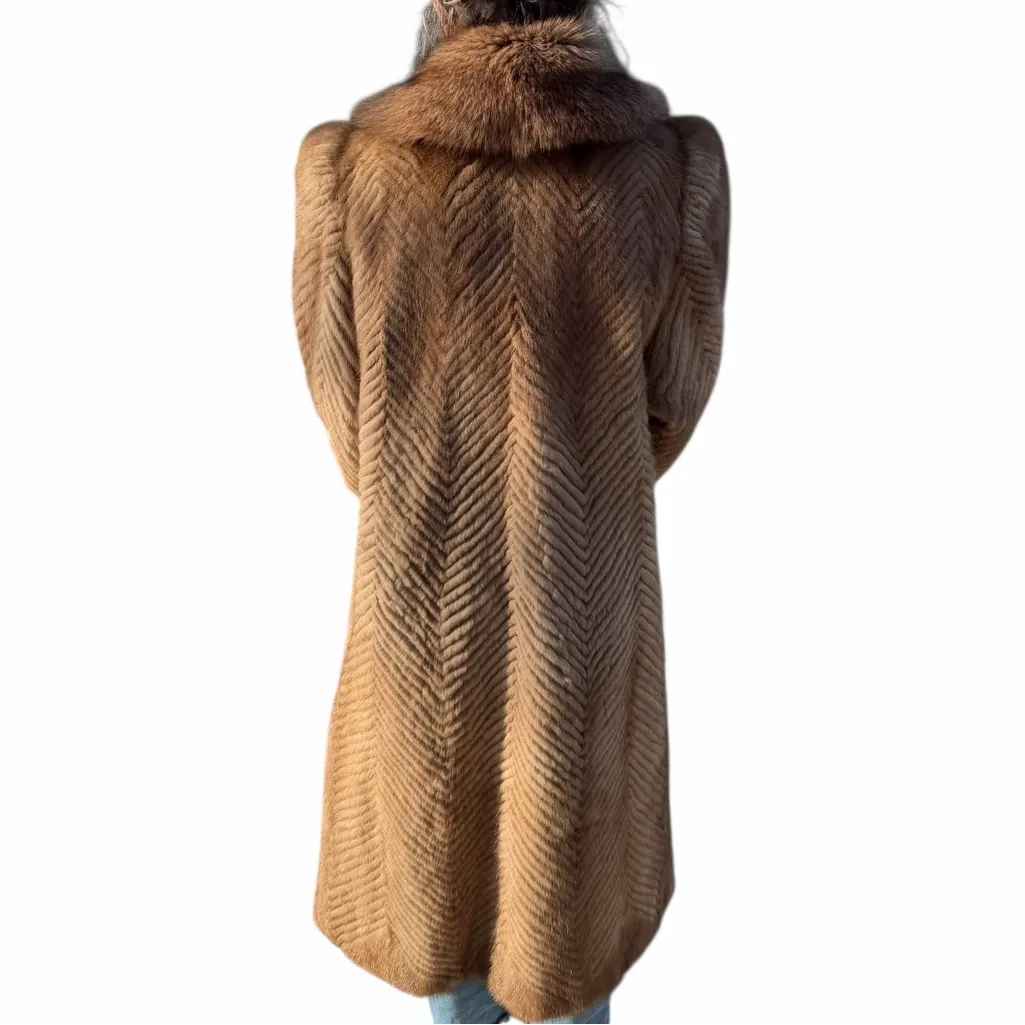 RARE Authentic SAGA Mink Fur Long Coat Camel Brown Herringbone SAGA Fox Trim M Size M - Image 2