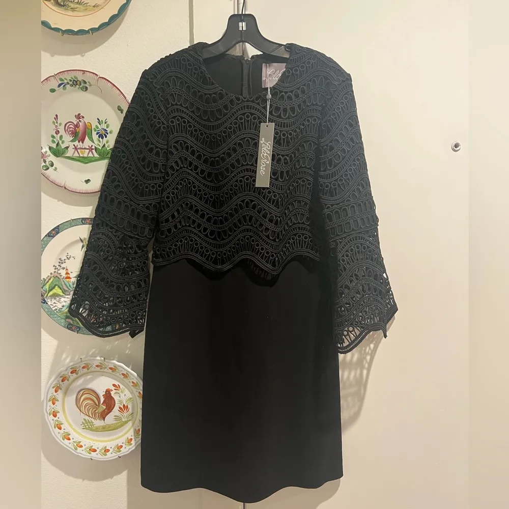 NEW Lela Rose Couture Black Dress with Lace Overlay and Sleeves Size 8 - Image 2