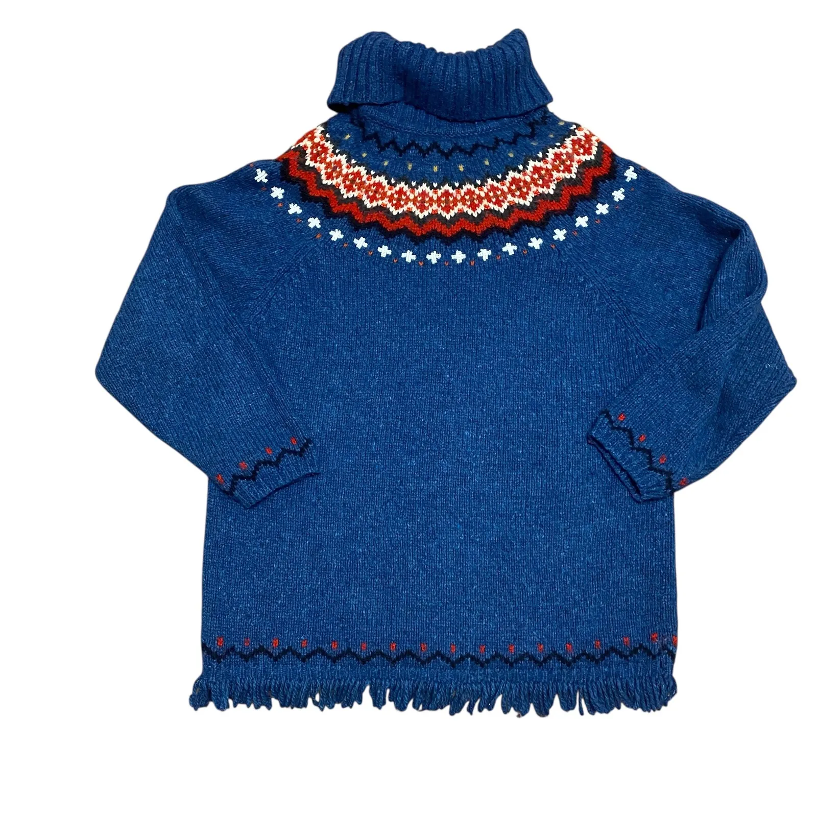 Northern Reflections Blue Wool Blend Fringe Fair Isle Turtleneck Sweater Sz L G - Image 2