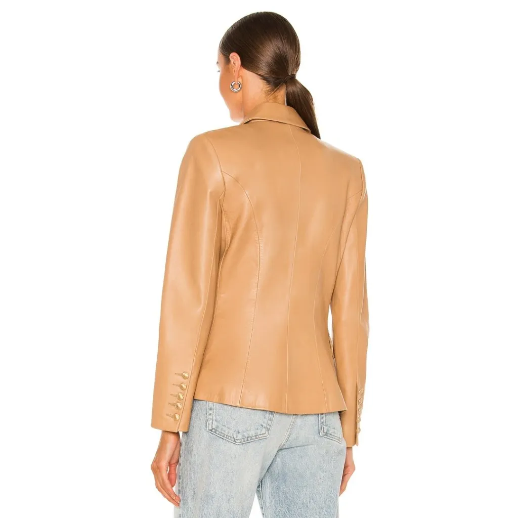 L’AGENCE Kenzie Double Breasted Lamb Leather Blazer Camel Tan Brown Size 10 - Image 9