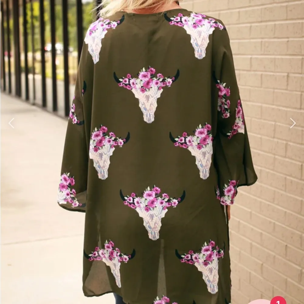 PEACH Love green Texas longhorn floral print kimono size small - Image 3