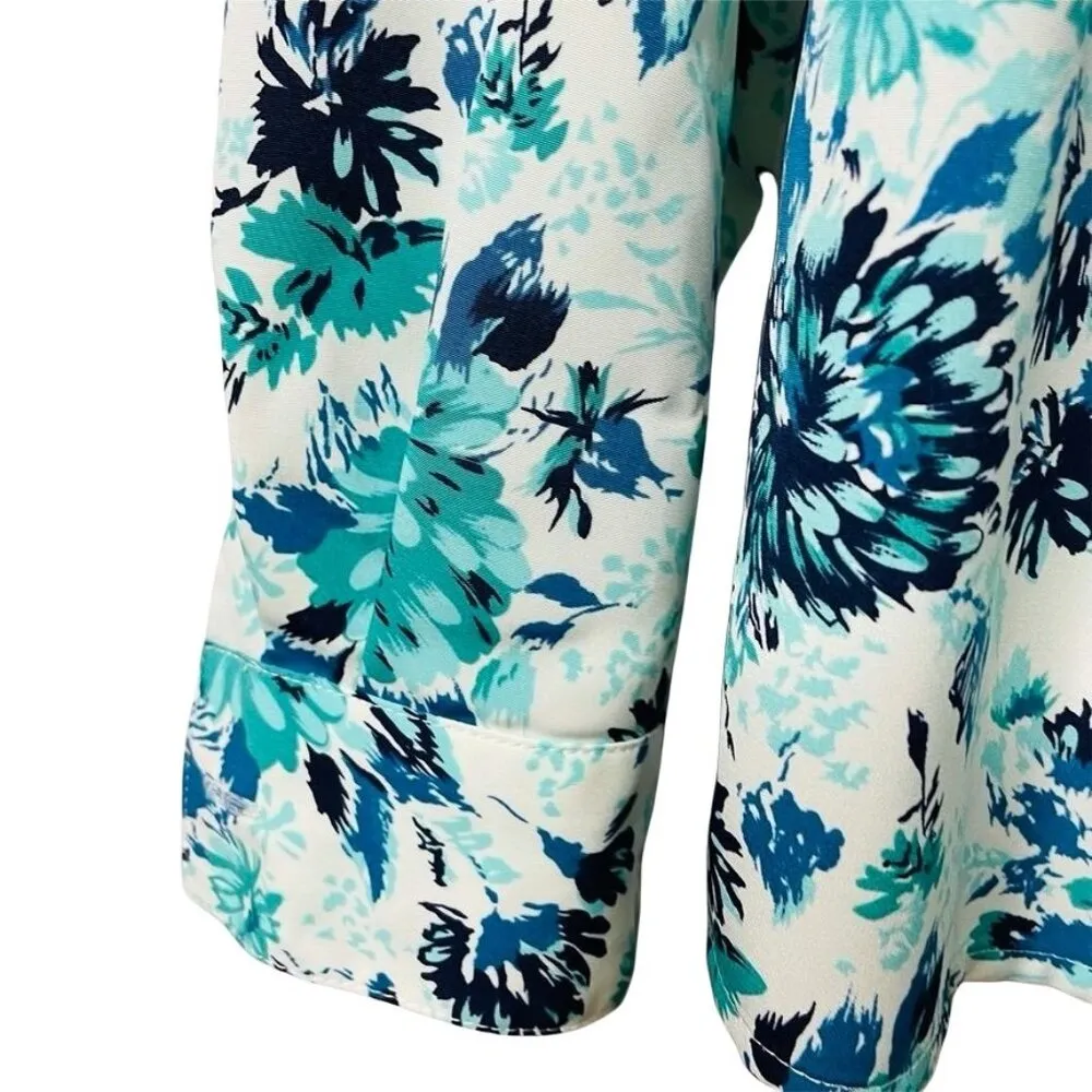 Vintage Womens Floral Dress Blouse Leslie Fay Blue White Top Shirt Size P 10 u - Image 2