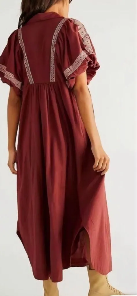 Free People Samantha Embroidered Puff Sleeve Button Front Maxi Dress Medium - Image 2