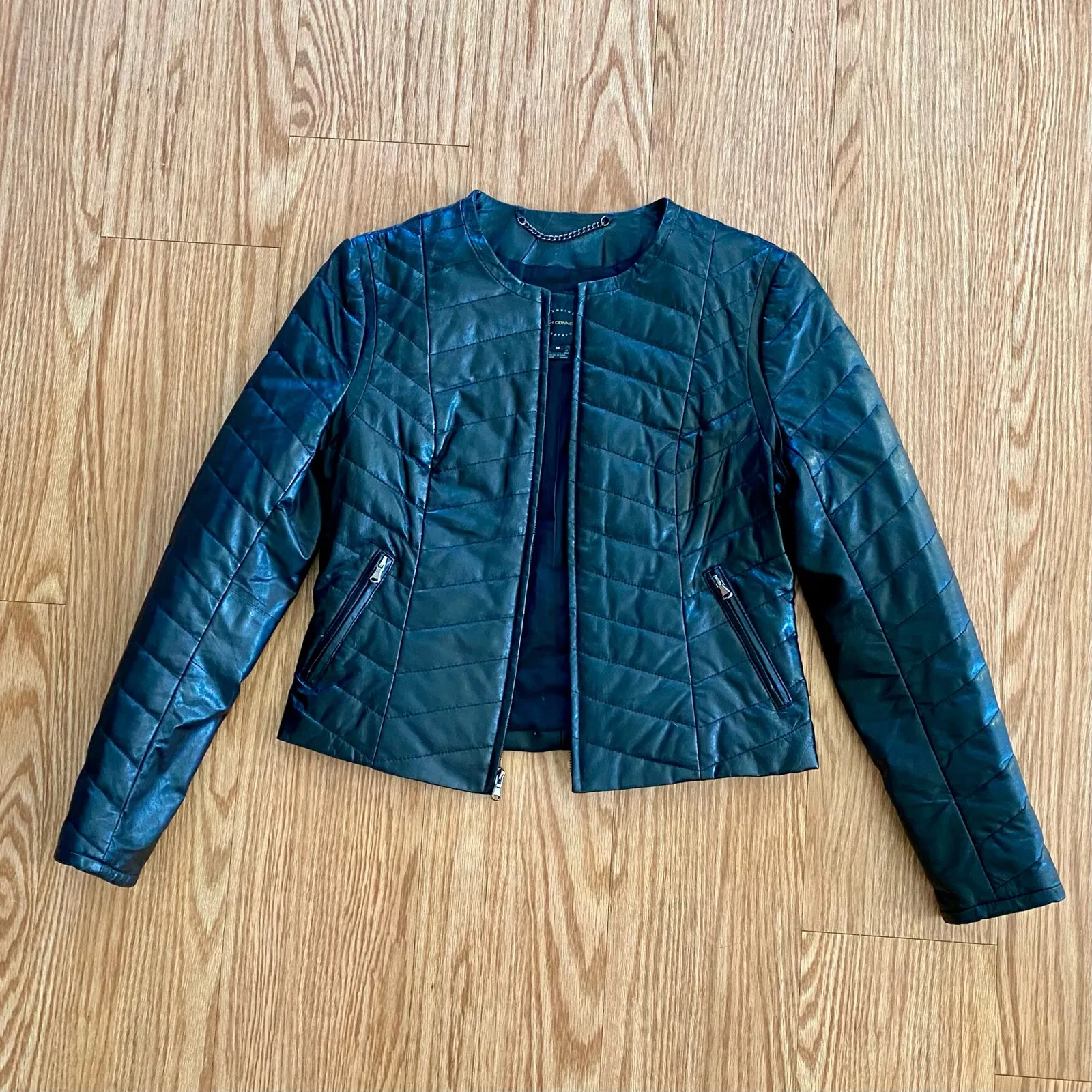 French Connection  Black Quilted Leather Moto Jacket Womens Medium - Image 3