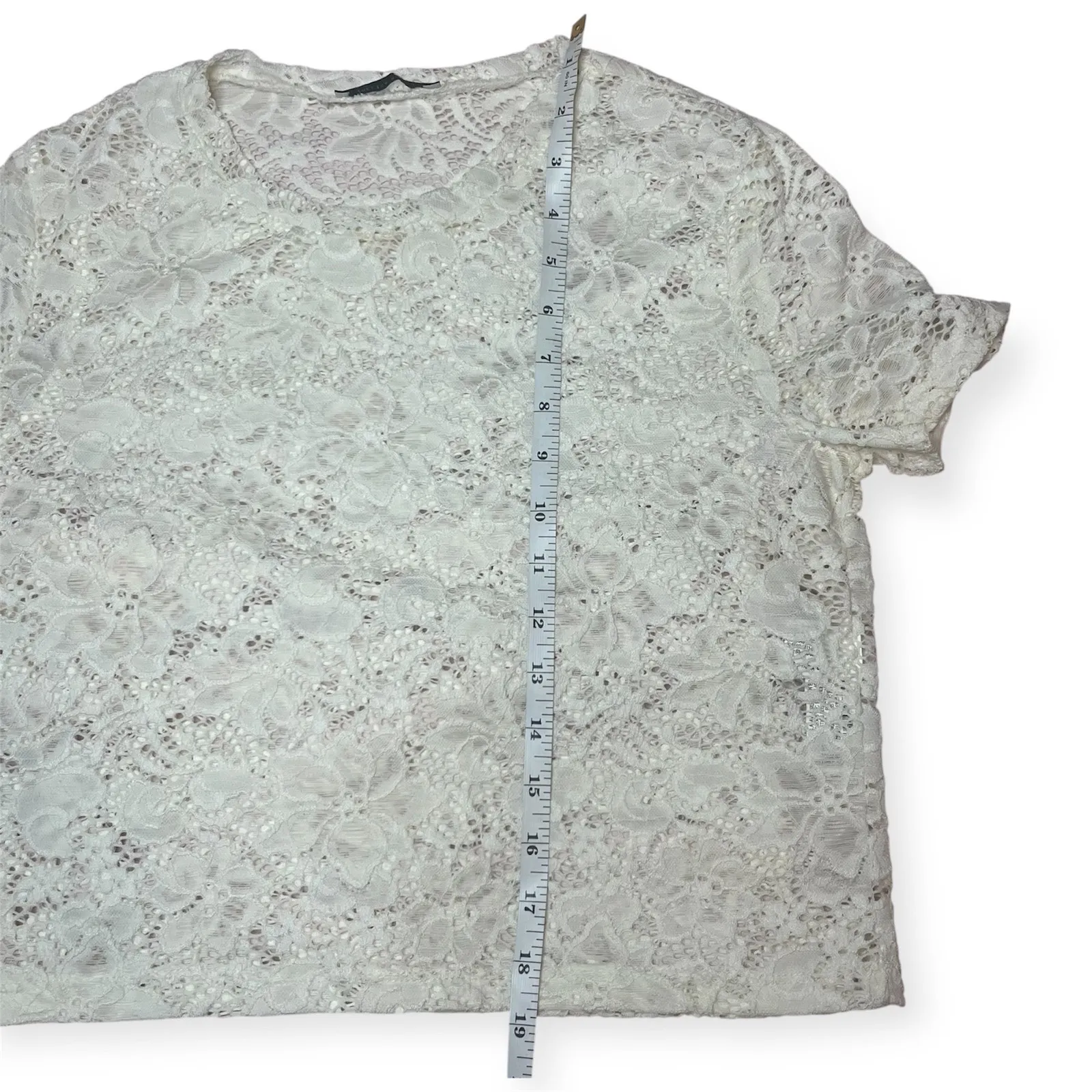 Zara White Floral Lace Short Sleeve Mesh Blouse Top Romantic Feminine Sz Small - Image 6