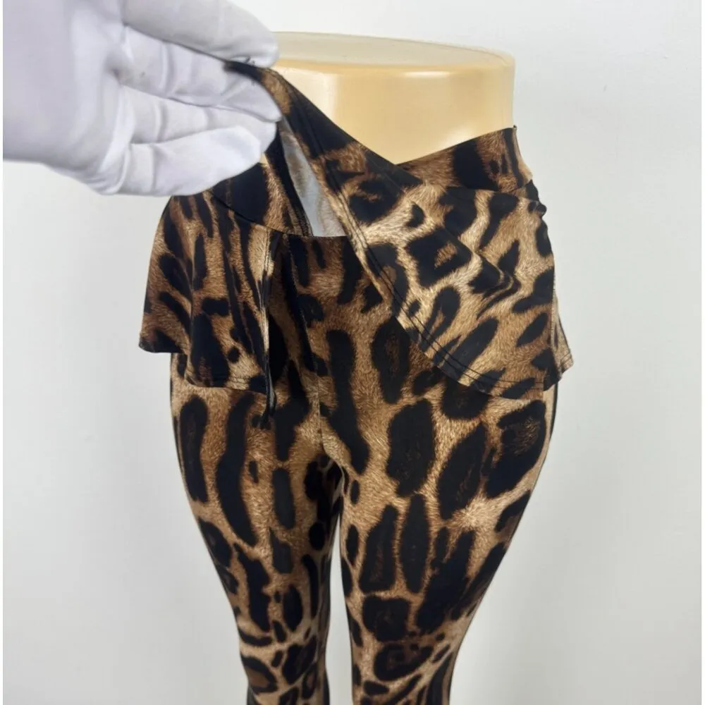 Women's Sabora Leopard Animal Print Peplum Accent Leggings Size Small Brown - Image 8