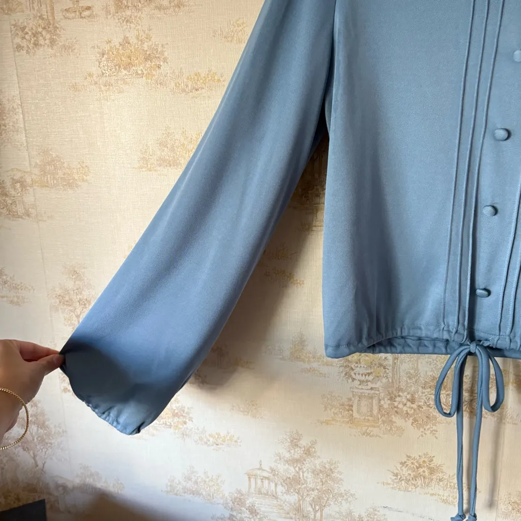 Vintage 60s 70s Malouf of Dallas blue balloon sleeve button front tie waist top Size L - Image 2