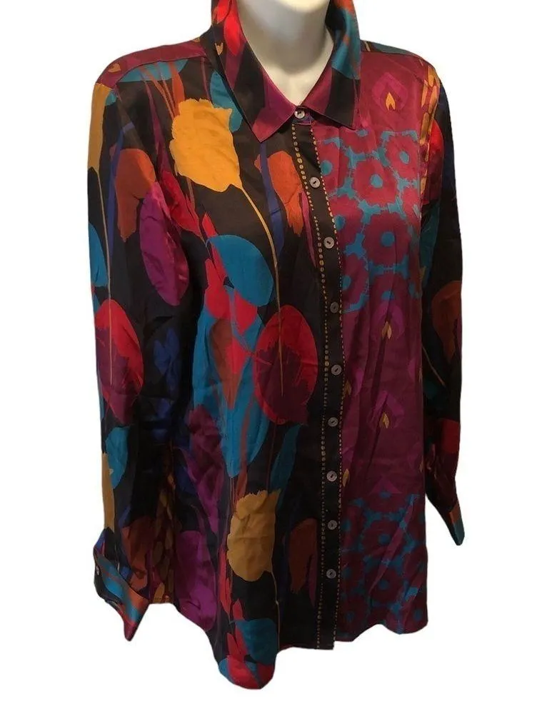 Soft Surroundings 100% SIlK Floral LS Blouse M Colorful Career Business Career - Image 2