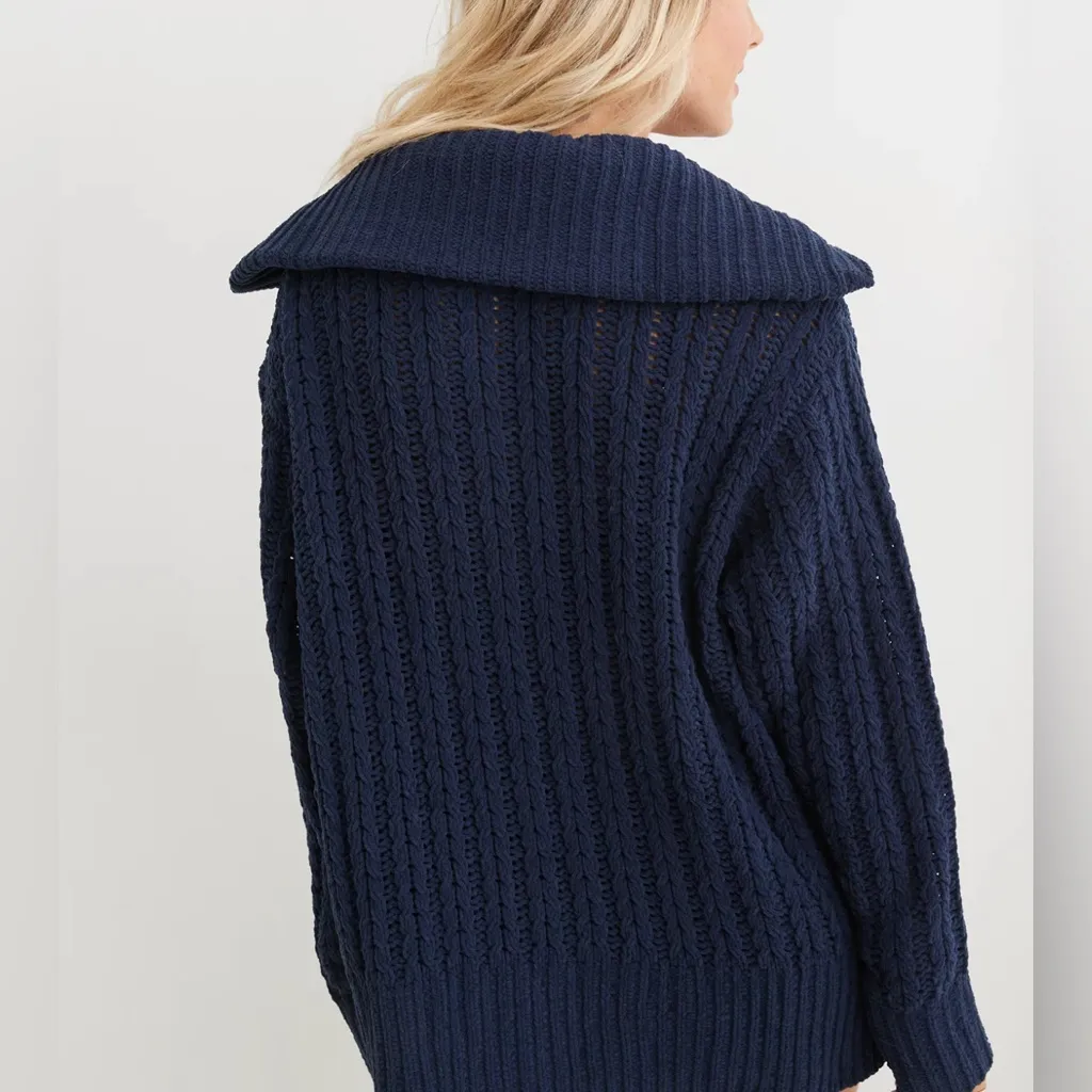 Aerie Cable Car ¼ Zip Sweater Navy Blue Oversized Knit Pullover Size XS NWOT - Image 2