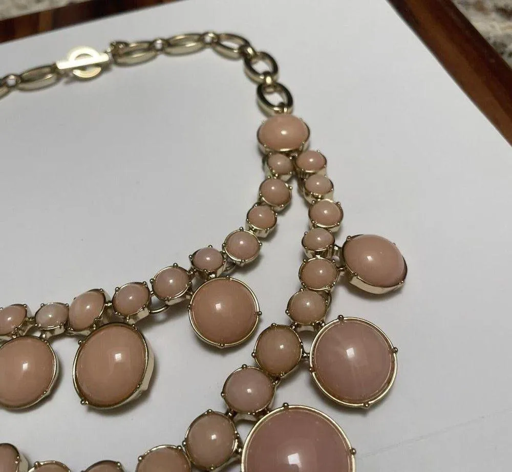 Signed T - Talbots Statement Costume Necklace Gold Tone / Pink Double Strand Bib - Image 5