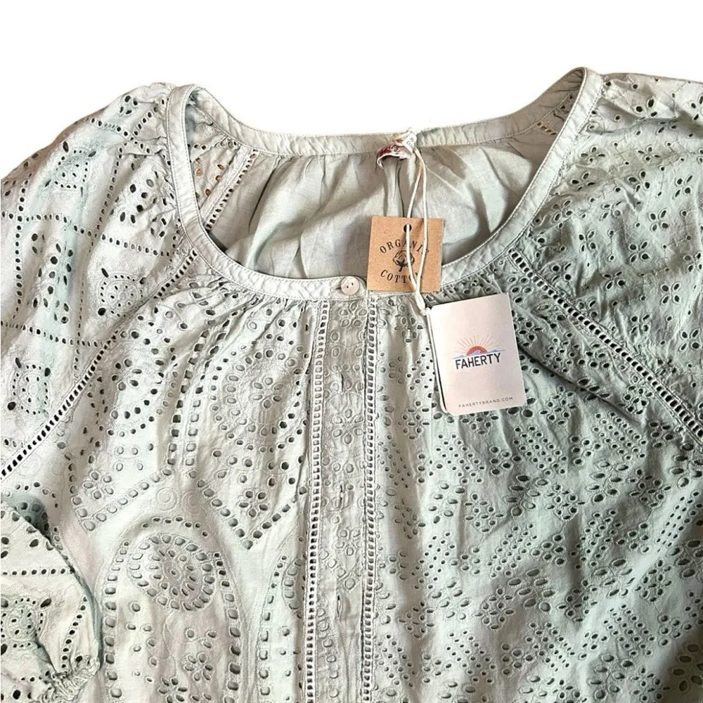 New Faherty Valencia Eyelet Organic Cotton Dress Desert Sage Green Size Medium - Image 4