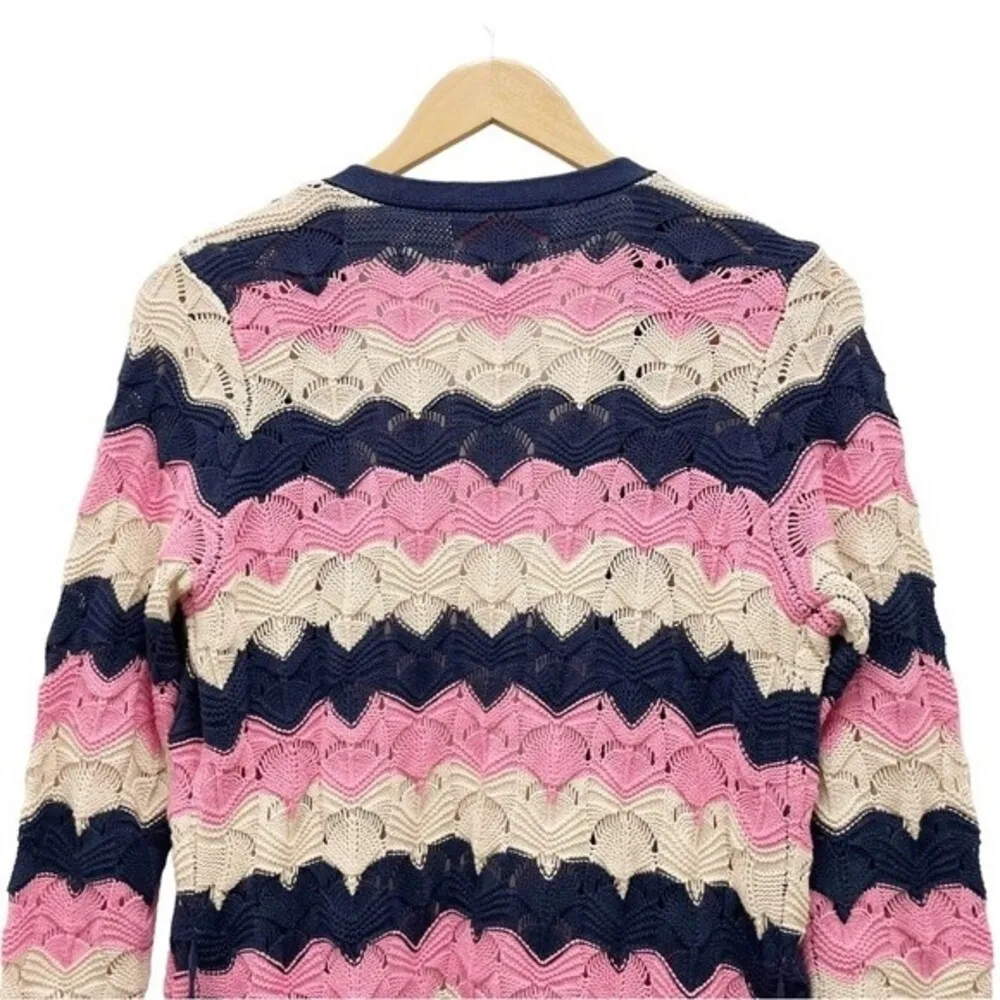 Laurie Felt Pointelle Knit Maxi Cardigan Duster Sweater Navy Pink Tan Size XXS - Image 11