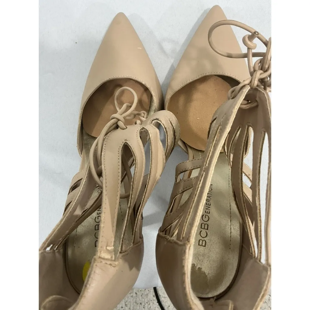 Womans Bcbg Generation Delphina Size 9 M Beige Strappy Laces Zip Heel Pumps Tan - Image 6