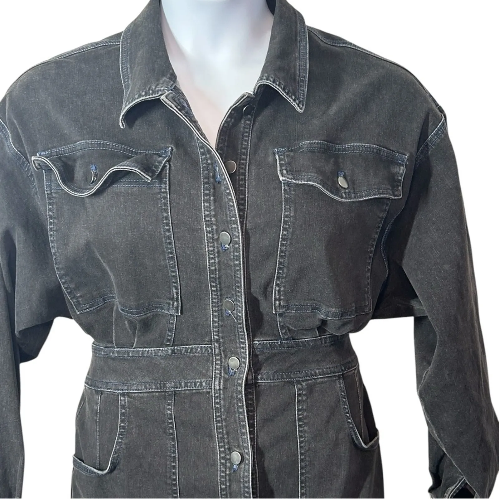 Free People 90s Black Denim Mini Dress M Vintage Western Boho Dolman Sleeve - Image 6