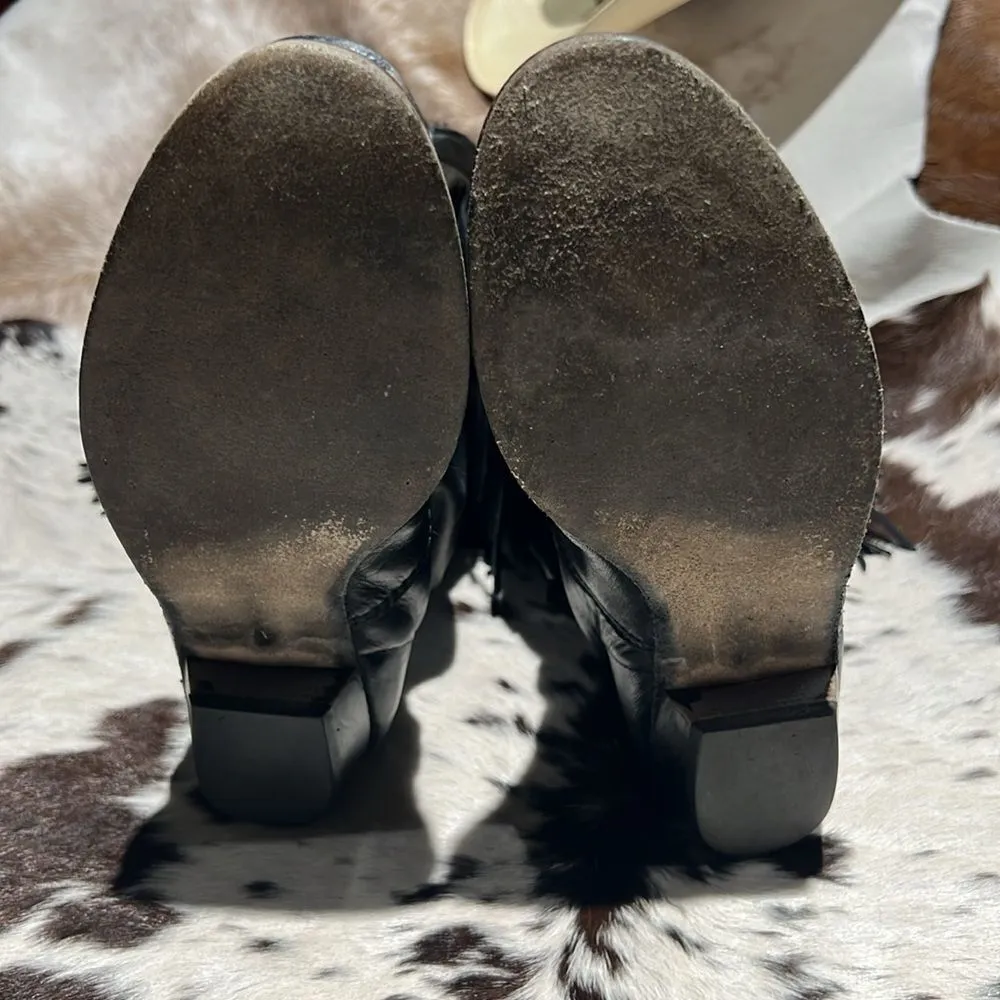 Vintage Black Real Leather Fringe Cowboy Boots Festival Rave Burning Man A21 Size 7 - Image 10