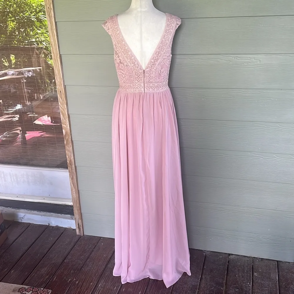 JJ’s House A-line V-Neck Floor-Length Lace Chiffon Bridesmaid Dress - Image 7