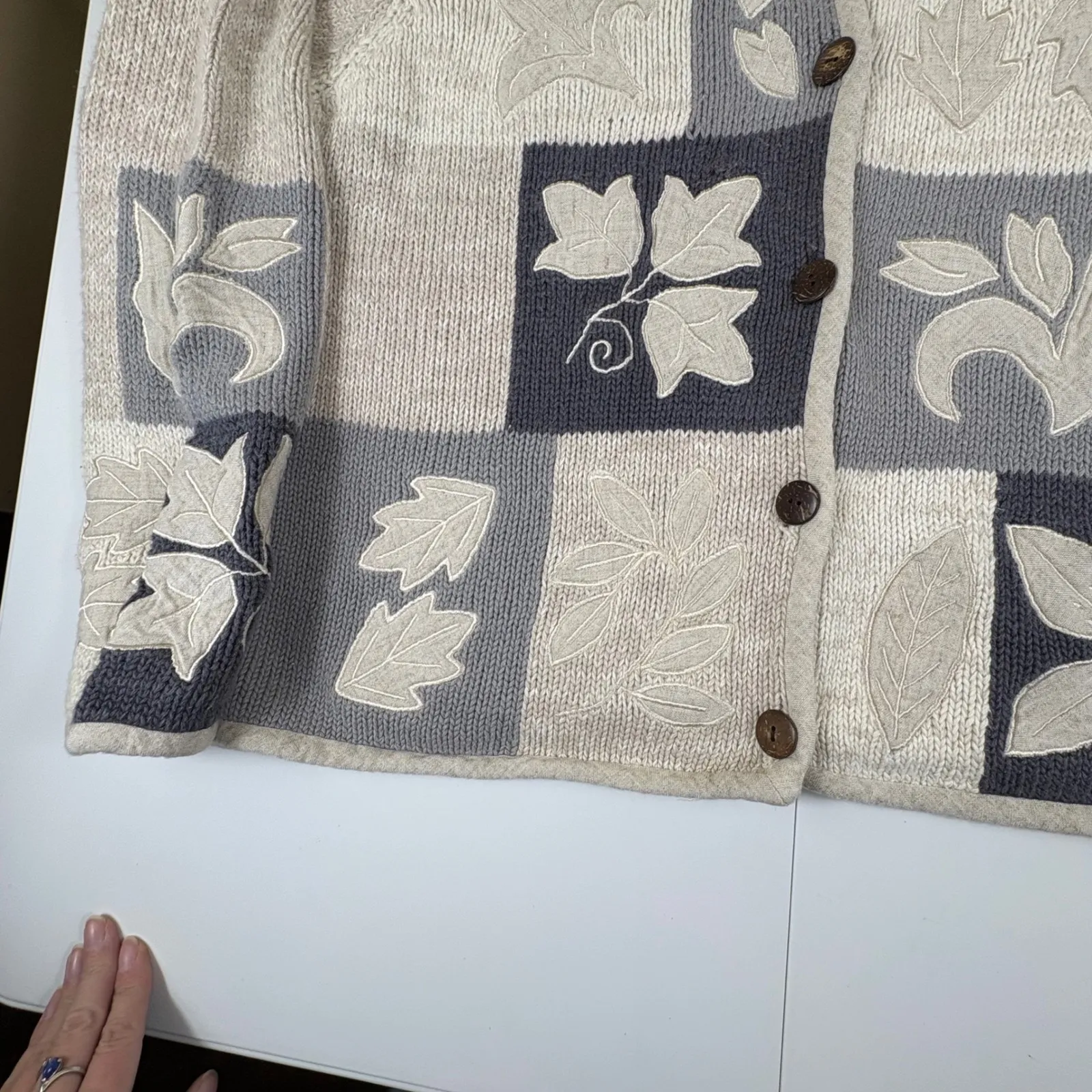 Vtg ORVIS Womens Patchwork Leaf Cardigan Sweater L Gray Button Front‎ Knit Y2K - Image 5