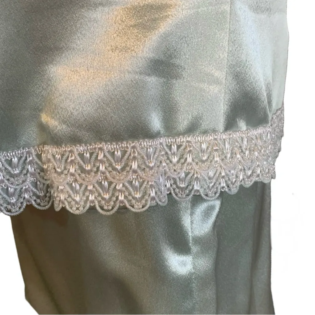 VINTAGE 1980'S HANDMADE/HOMEMADE MINTY GREEN SATIN W/WHITE TRIM SKIRT SET (XL) - Image 11