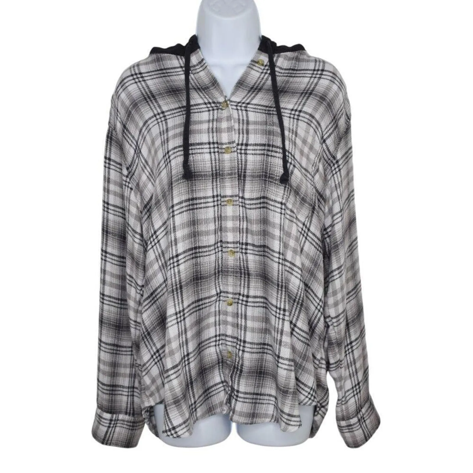 American Eagle Womens Grey Plaid Long Sleeve Hooded Button Up‎ Shirt Medium - Image 2