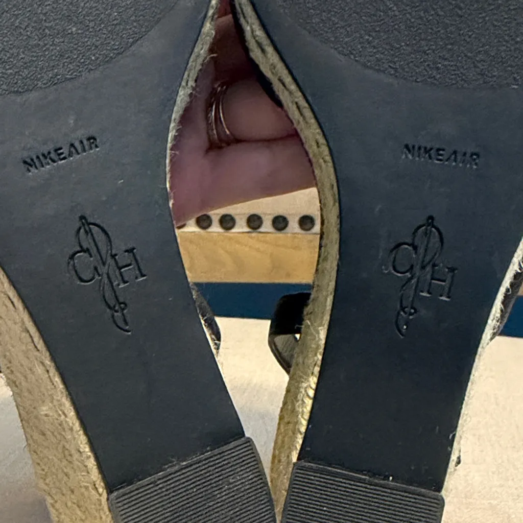 Cole Haan + Nike Air Black Pebbled Leather Slingback Espadrille Wedges, Size 9 - Image 6