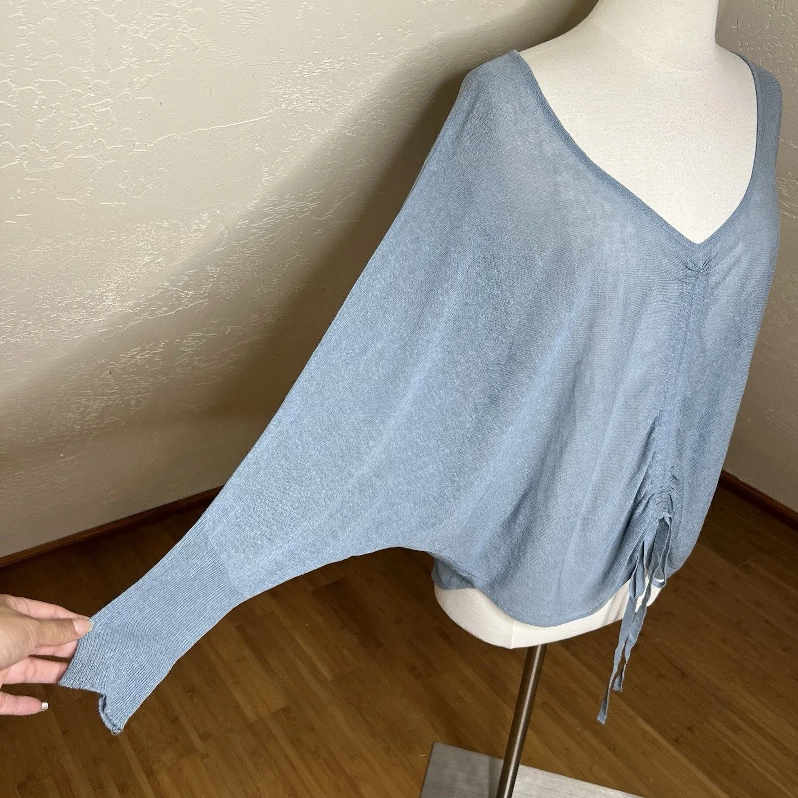 Kerisma Top Womens M/L Baby Blue Tencel Linen Long Sleeve Ruched Tie Front Fairy - Image 5