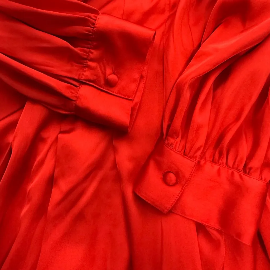 Worthington Red Satin Dress Womens XL Long Sleeve Tie V-Neck Midi Belted Pleats - Image 6