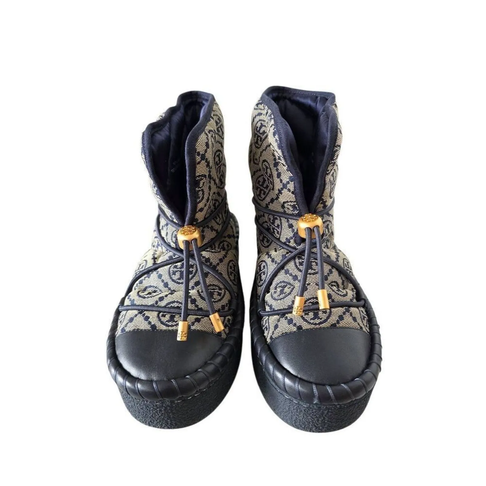 Tory Burch T Monogram Boot 5 Logo  Navy Gold Platform Bootie Shearling Footbed - Image 4