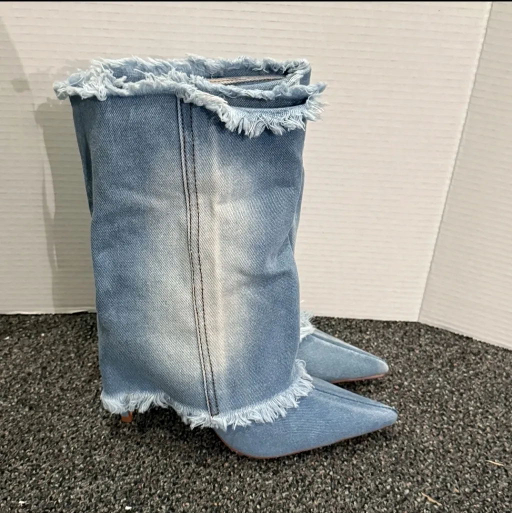 Reitoye Women's 7 Denim Studded Knee High Boots 3.5 Inch Heel. Blue - Image 3