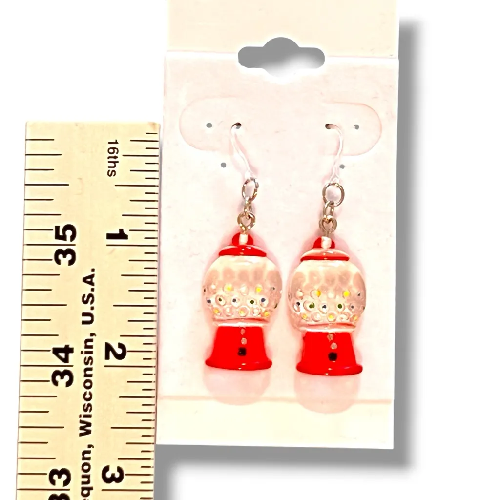 Hypoallergenic, Red Gumball machine drop earrings French Hooks Fun Novelty gift - Image 2
